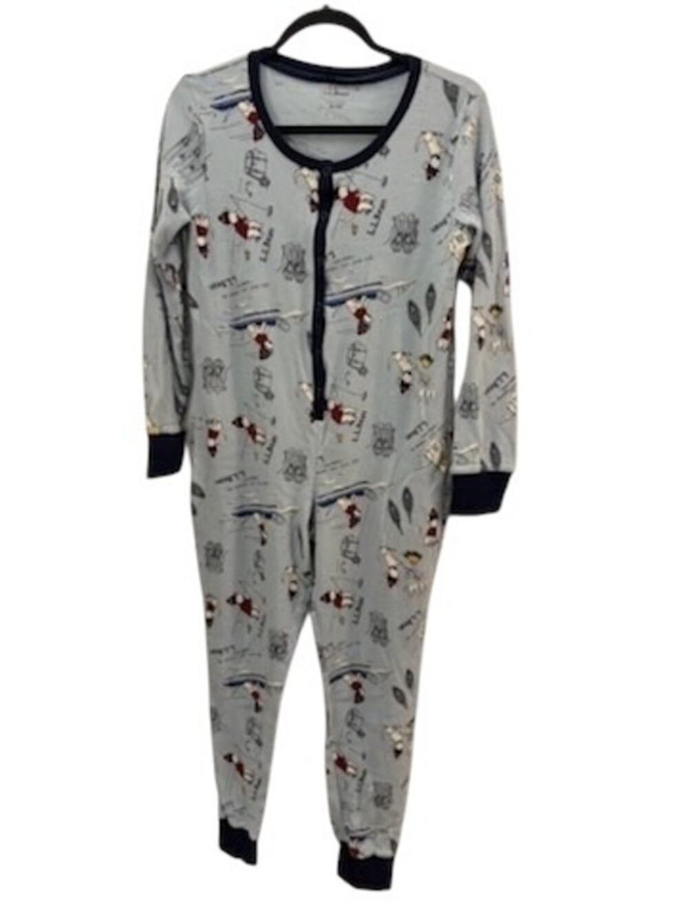 LL Bean Womans 1Piece Union Suit Pajama Skiing Dog Christmas Preppy 98% Cotton